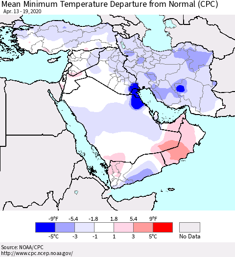 Middle East and Turkey Mean Minimum Temperature Departure from Normal (CPC) Thematic Map For 4/13/2020 - 4/19/2020