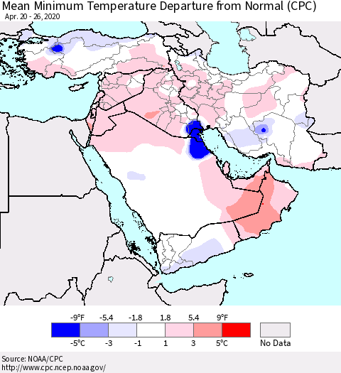 Middle East and Turkey Mean Minimum Temperature Departure from Normal (CPC) Thematic Map For 4/20/2020 - 4/26/2020