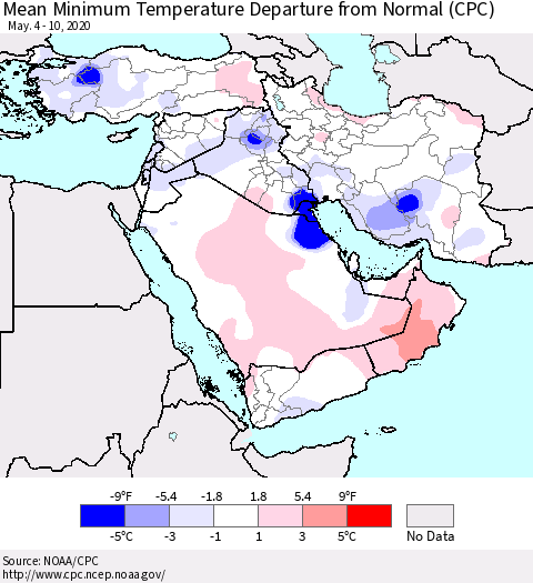 Middle East and Turkey Mean Minimum Temperature Departure from Normal (CPC) Thematic Map For 5/4/2020 - 5/10/2020