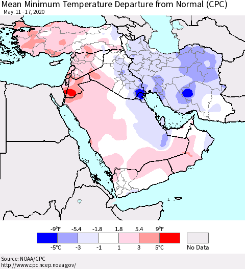Middle East and Turkey Mean Minimum Temperature Departure from Normal (CPC) Thematic Map For 5/11/2020 - 5/17/2020