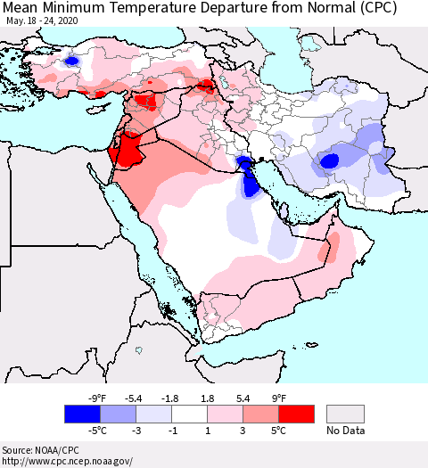 Middle East and Turkey Mean Minimum Temperature Departure from Normal (CPC) Thematic Map For 5/18/2020 - 5/24/2020