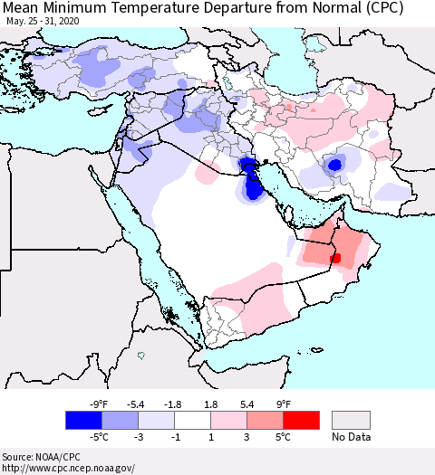 Middle East and Turkey Mean Minimum Temperature Departure from Normal (CPC) Thematic Map For 5/25/2020 - 5/31/2020