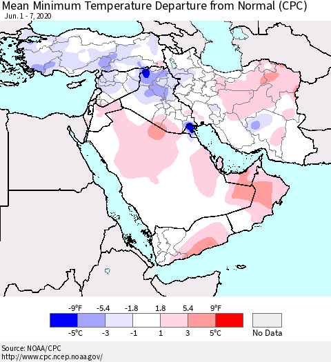 Middle East and Turkey Mean Minimum Temperature Departure from Normal (CPC) Thematic Map For 6/1/2020 - 6/7/2020