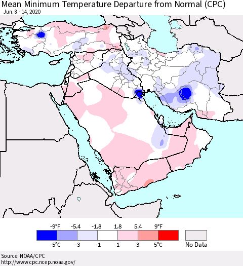Middle East and Turkey Mean Minimum Temperature Departure from Normal (CPC) Thematic Map For 6/8/2020 - 6/14/2020