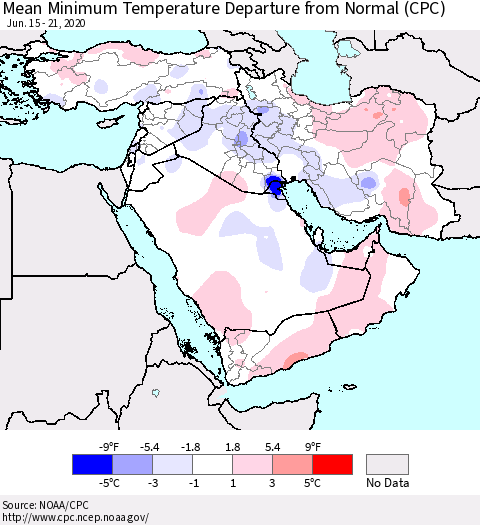 Middle East and Turkey Mean Minimum Temperature Departure from Normal (CPC) Thematic Map For 6/15/2020 - 6/21/2020