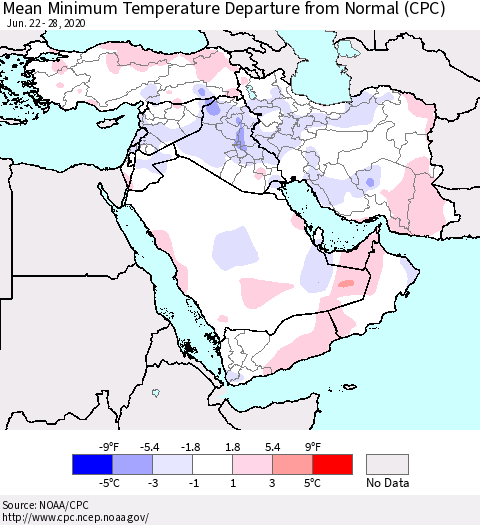 Middle East and Turkey Mean Minimum Temperature Departure from Normal (CPC) Thematic Map For 6/22/2020 - 6/28/2020