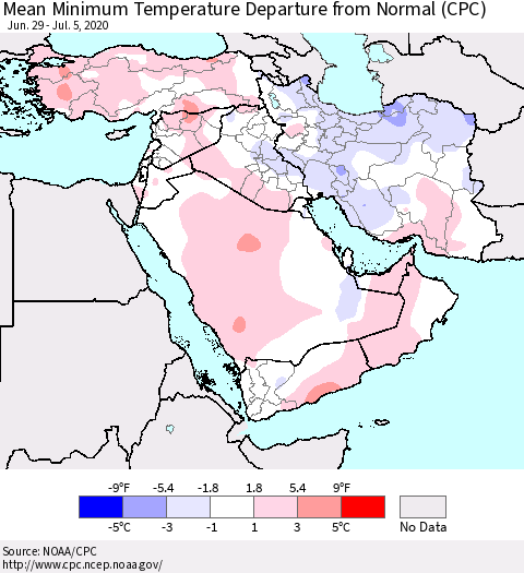 Middle East and Turkey Mean Minimum Temperature Departure from Normal (CPC) Thematic Map For 6/29/2020 - 7/5/2020