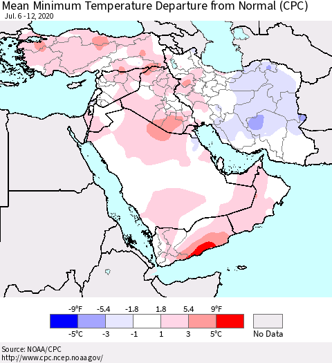 Middle East and Turkey Mean Minimum Temperature Departure from Normal (CPC) Thematic Map For 7/6/2020 - 7/12/2020