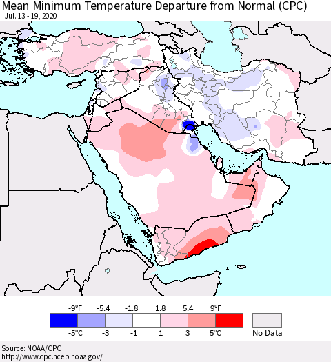 Middle East and Turkey Mean Minimum Temperature Departure from Normal (CPC) Thematic Map For 7/13/2020 - 7/19/2020