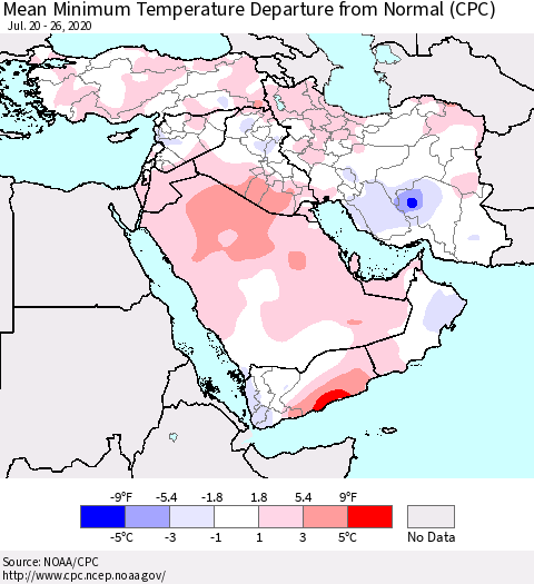 Middle East and Turkey Mean Minimum Temperature Departure from Normal (CPC) Thematic Map For 7/20/2020 - 7/26/2020