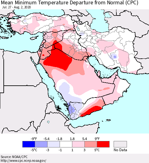Middle East and Turkey Mean Minimum Temperature Departure from Normal (CPC) Thematic Map For 7/27/2020 - 8/2/2020