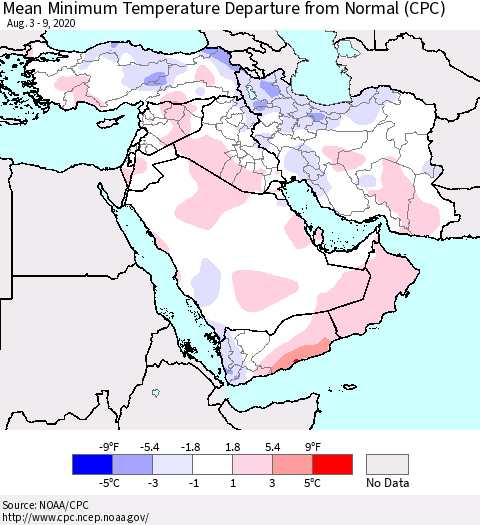 Middle East and Turkey Mean Minimum Temperature Departure from Normal (CPC) Thematic Map For 8/3/2020 - 8/9/2020