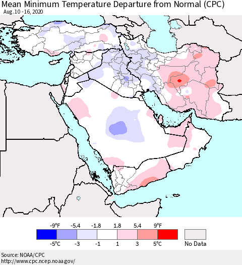 Middle East and Turkey Mean Minimum Temperature Departure from Normal (CPC) Thematic Map For 8/10/2020 - 8/16/2020