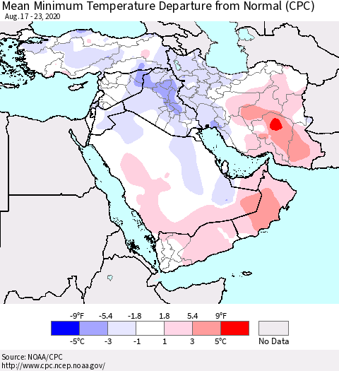 Middle East and Turkey Mean Minimum Temperature Departure from Normal (CPC) Thematic Map For 8/17/2020 - 8/23/2020