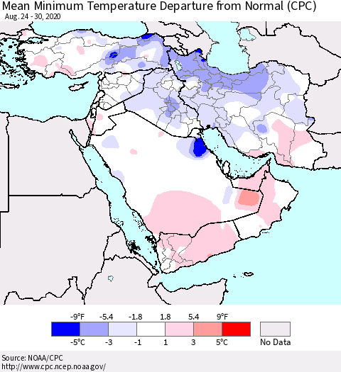 Middle East and Turkey Mean Minimum Temperature Departure from Normal (CPC) Thematic Map For 8/24/2020 - 8/30/2020