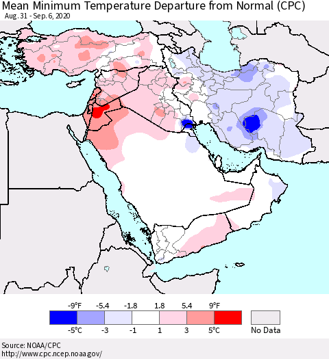 Middle East and Turkey Mean Minimum Temperature Departure from Normal (CPC) Thematic Map For 8/31/2020 - 9/6/2020
