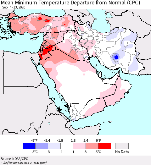 Middle East and Turkey Mean Minimum Temperature Departure from Normal (CPC) Thematic Map For 9/7/2020 - 9/13/2020
