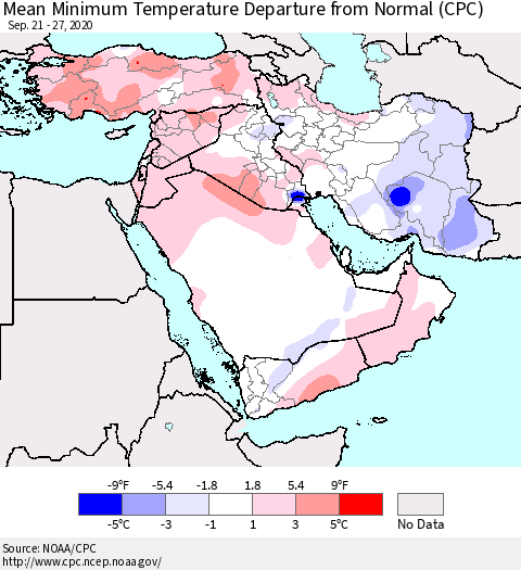 Middle East and Turkey Mean Minimum Temperature Departure from Normal (CPC) Thematic Map For 9/21/2020 - 9/27/2020