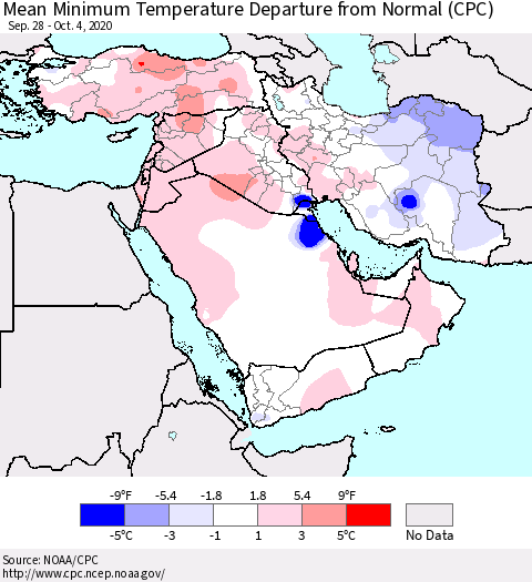 Middle East and Turkey Mean Minimum Temperature Departure from Normal (CPC) Thematic Map For 9/28/2020 - 10/4/2020