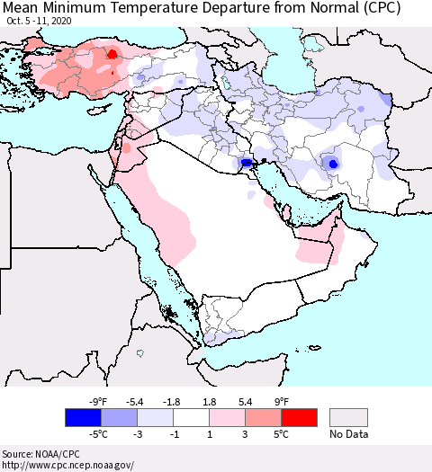 Middle East and Turkey Mean Minimum Temperature Departure from Normal (CPC) Thematic Map For 10/5/2020 - 10/11/2020