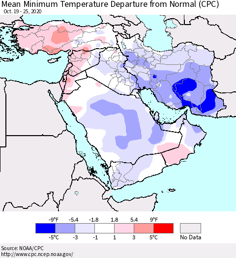 Middle East and Turkey Mean Minimum Temperature Departure from Normal (CPC) Thematic Map For 10/19/2020 - 10/25/2020