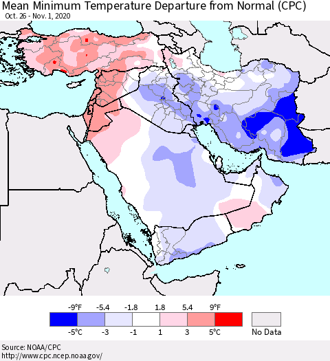Middle East and Turkey Mean Minimum Temperature Departure from Normal (CPC) Thematic Map For 10/26/2020 - 11/1/2020