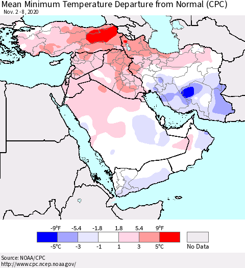 Middle East and Turkey Mean Minimum Temperature Departure from Normal (CPC) Thematic Map For 11/2/2020 - 11/8/2020