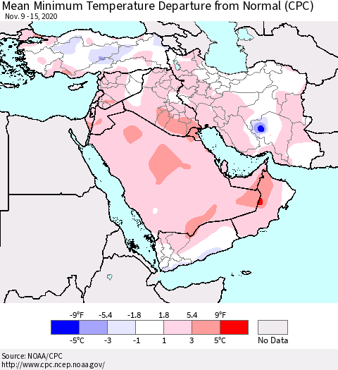 Middle East and Turkey Mean Minimum Temperature Departure from Normal (CPC) Thematic Map For 11/9/2020 - 11/15/2020