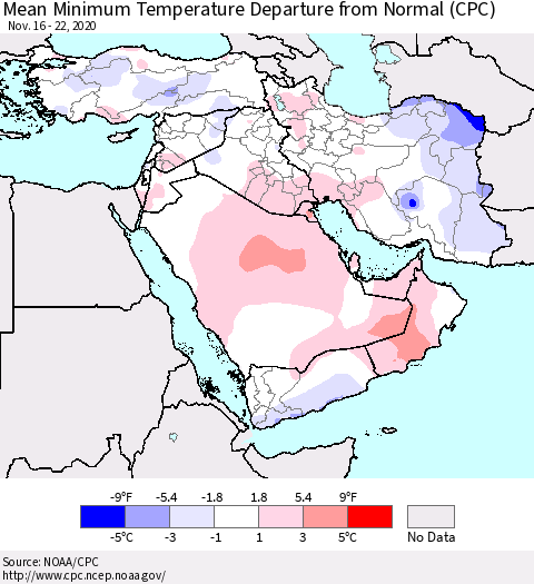 Middle East and Turkey Mean Minimum Temperature Departure from Normal (CPC) Thematic Map For 11/16/2020 - 11/22/2020