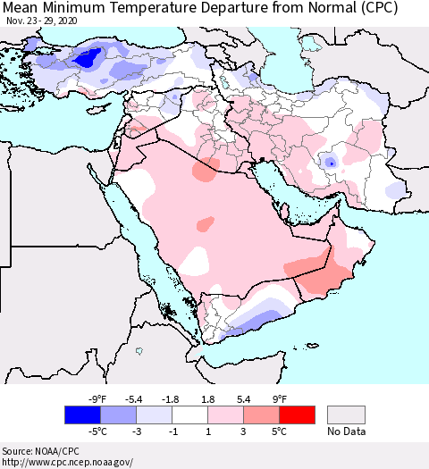 Middle East and Turkey Mean Minimum Temperature Departure from Normal (CPC) Thematic Map For 11/23/2020 - 11/29/2020