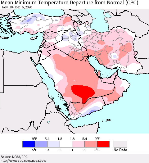 Middle East and Turkey Mean Minimum Temperature Departure from Normal (CPC) Thematic Map For 11/30/2020 - 12/6/2020