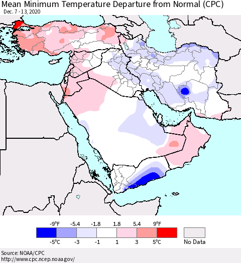 Middle East and Turkey Mean Minimum Temperature Departure from Normal (CPC) Thematic Map For 12/7/2020 - 12/13/2020