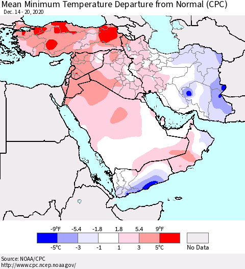 Middle East and Turkey Mean Minimum Temperature Departure from Normal (CPC) Thematic Map For 12/14/2020 - 12/20/2020