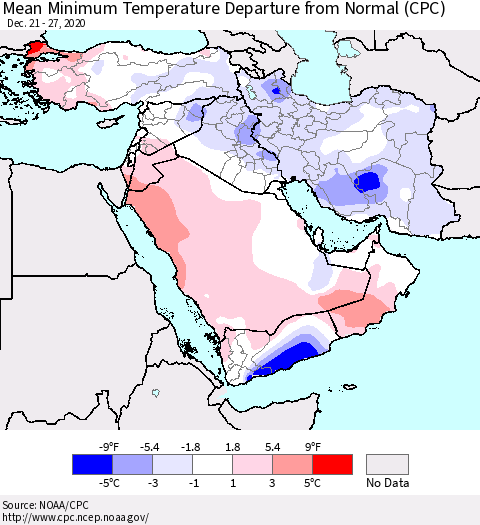 Middle East and Turkey Mean Minimum Temperature Departure from Normal (CPC) Thematic Map For 12/21/2020 - 12/27/2020