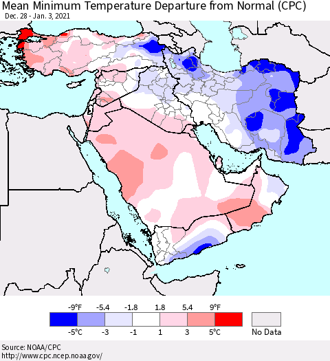 Middle East and Turkey Mean Minimum Temperature Departure from Normal (CPC) Thematic Map For 12/28/2020 - 1/3/2021