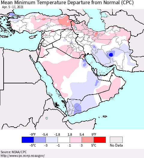 Middle East and Turkey Mean Minimum Temperature Departure from Normal (CPC) Thematic Map For 4/5/2021 - 4/11/2021
