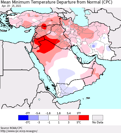 Middle East and Turkey Mean Minimum Temperature Departure from Normal (CPC) Thematic Map For 4/19/2021 - 4/25/2021