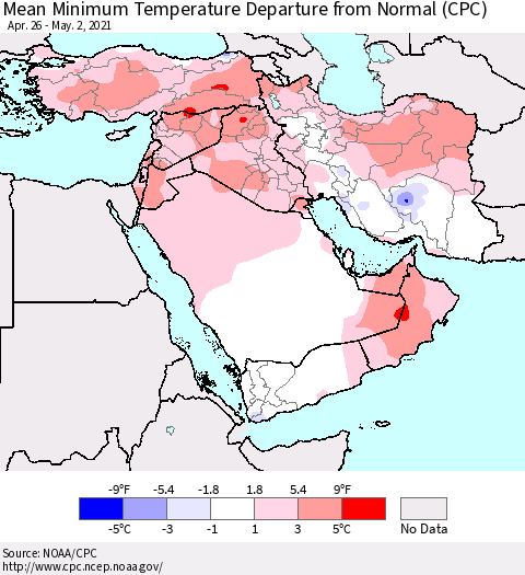 Middle East and Turkey Mean Minimum Temperature Departure from Normal (CPC) Thematic Map For 4/26/2021 - 5/2/2021