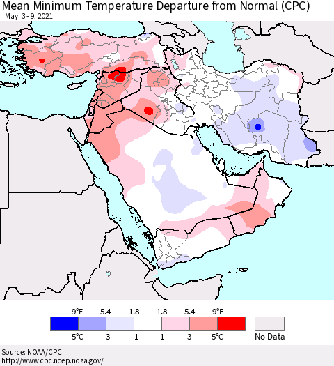 Middle East and Turkey Mean Minimum Temperature Departure from Normal (CPC) Thematic Map For 5/3/2021 - 5/9/2021