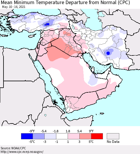 Middle East and Turkey Mean Minimum Temperature Departure from Normal (CPC) Thematic Map For 5/10/2021 - 5/16/2021