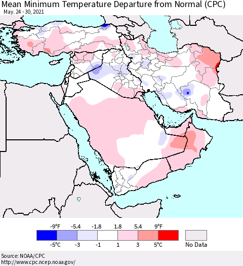Middle East and Turkey Mean Minimum Temperature Departure from Normal (CPC) Thematic Map For 5/24/2021 - 5/30/2021