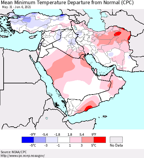 Middle East and Turkey Mean Minimum Temperature Departure from Normal (CPC) Thematic Map For 5/31/2021 - 6/6/2021