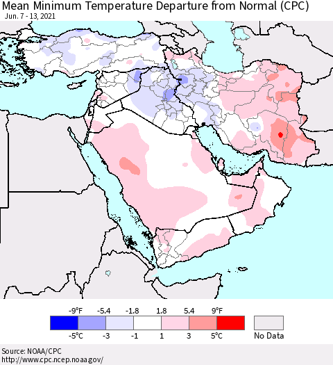 Middle East and Turkey Mean Minimum Temperature Departure from Normal (CPC) Thematic Map For 6/7/2021 - 6/13/2021