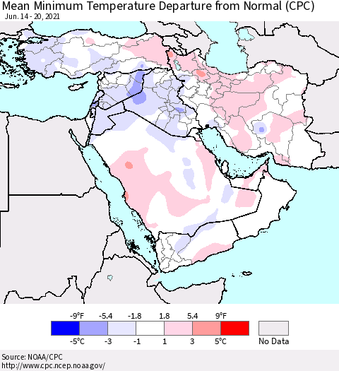 Middle East and Turkey Mean Minimum Temperature Departure from Normal (CPC) Thematic Map For 6/14/2021 - 6/20/2021