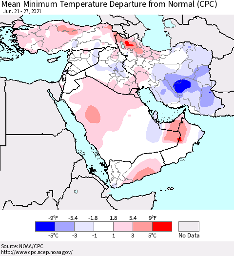Middle East and Turkey Mean Minimum Temperature Departure from Normal (CPC) Thematic Map For 6/21/2021 - 6/27/2021