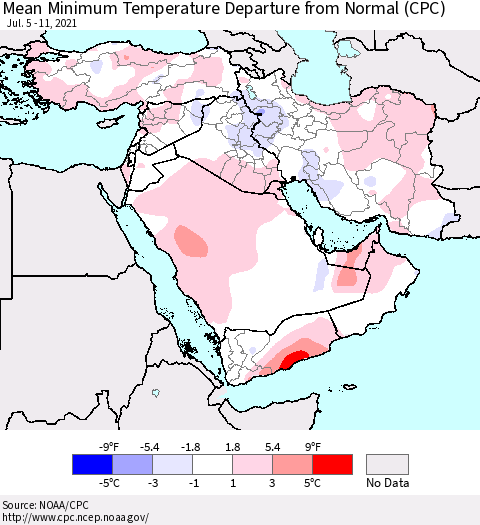 Middle East and Turkey Mean Minimum Temperature Departure from Normal (CPC) Thematic Map For 7/5/2021 - 7/11/2021