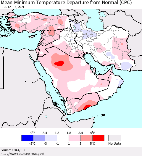 Middle East and Turkey Mean Minimum Temperature Departure from Normal (CPC) Thematic Map For 7/12/2021 - 7/18/2021