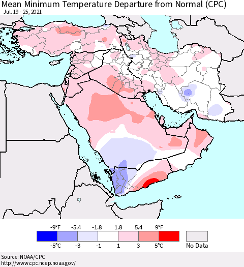 Middle East and Turkey Mean Minimum Temperature Departure from Normal (CPC) Thematic Map For 7/19/2021 - 7/25/2021