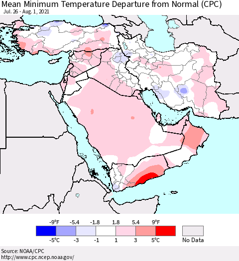 Middle East and Turkey Mean Minimum Temperature Departure from Normal (CPC) Thematic Map For 7/26/2021 - 8/1/2021