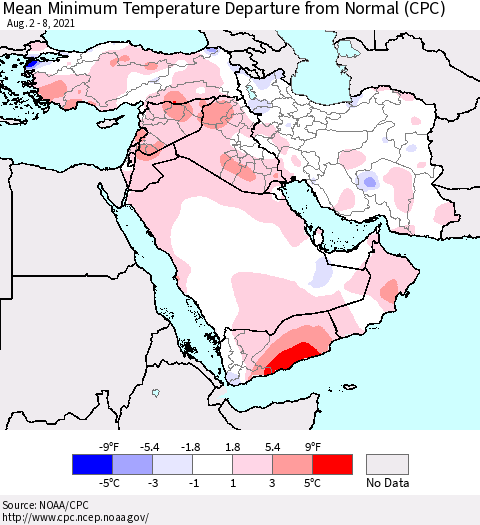 Middle East and Turkey Mean Minimum Temperature Departure from Normal (CPC) Thematic Map For 8/2/2021 - 8/8/2021